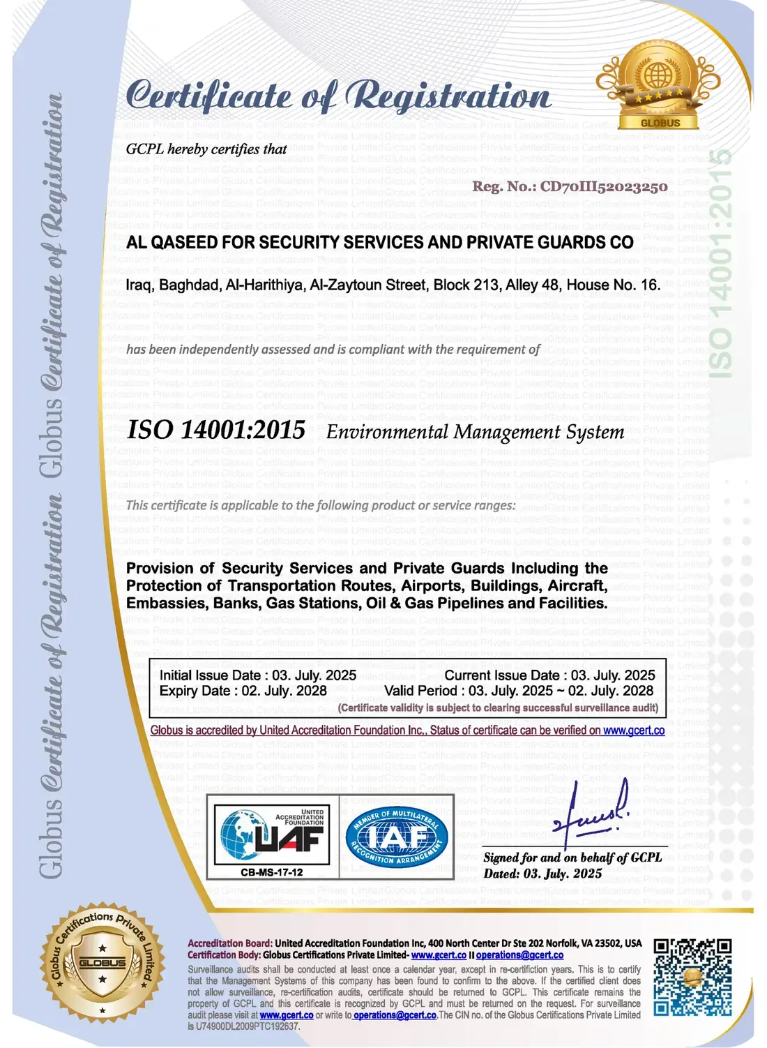 Environmental Management System, Globus Certifications · UAF / IAF accredited