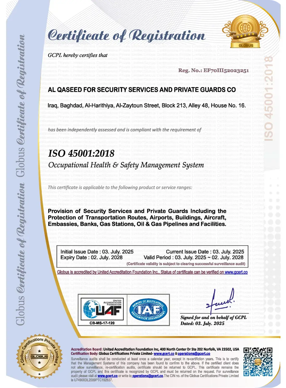 Occupational Health & Safety, Globus Certifications · UAF / IAF accredited
